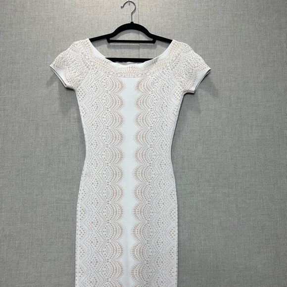 bcbg white bodycon dress BCBG Sweetheart Neck Sleeveless Scuba Crepe Sheath Midi Dress